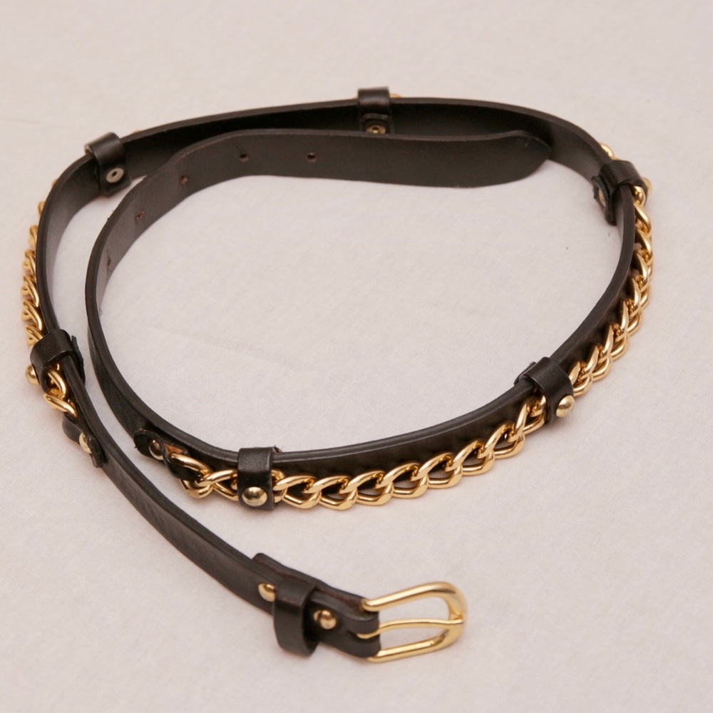 Leather belt with gold chain accent